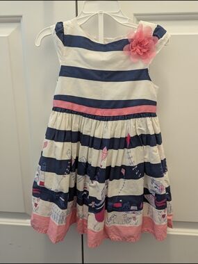 5/$35 Cherokee Nautical Stripe Dress 3T Navy White Pink Sash Cotton